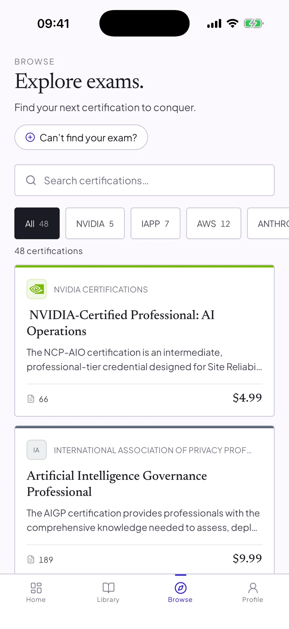 The Explore exams screen in the Cert Made Easy app, listing certifications by provider