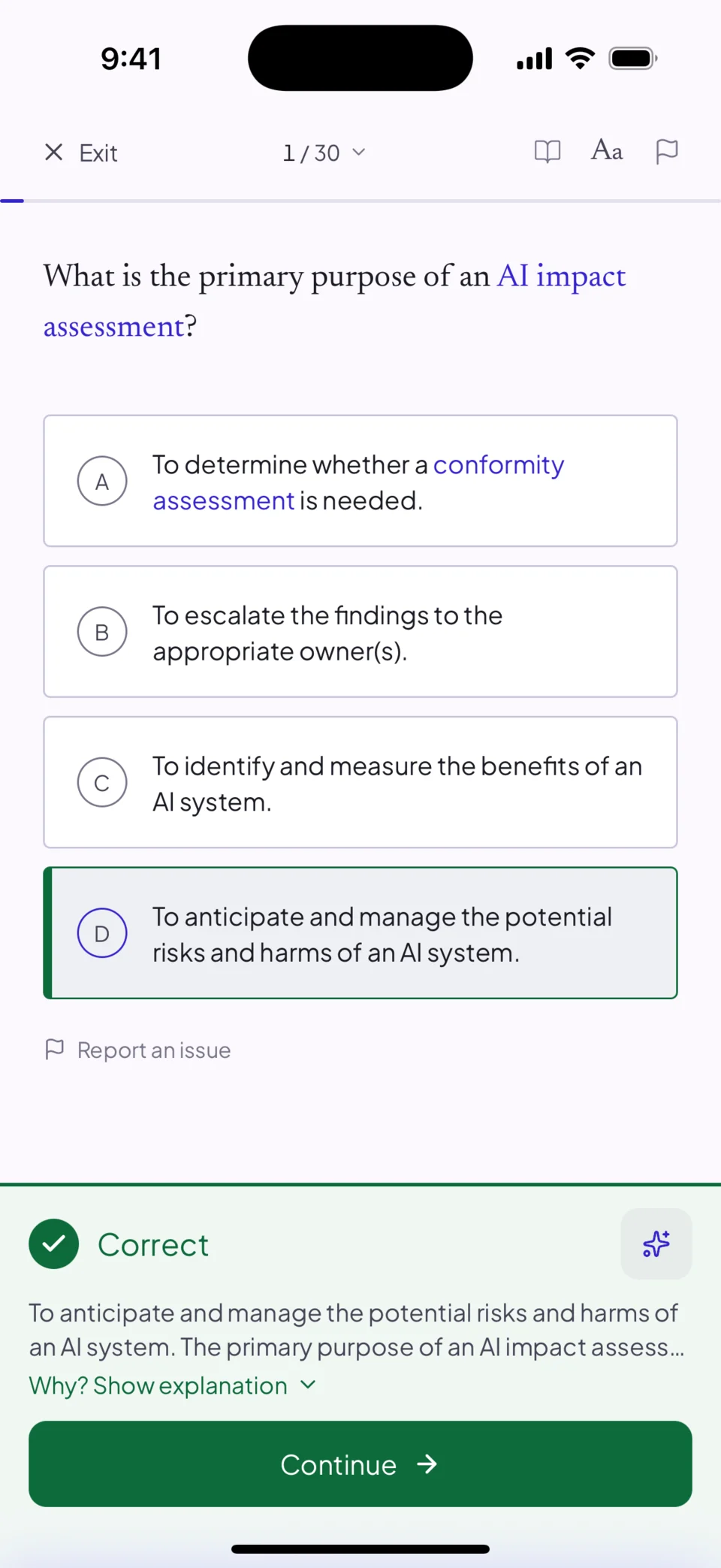 An AIGP practice question in the Cert Made Easy app, answered correctly, with the start of its explanation below